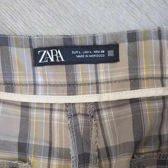 Zara Tartan Plaid Pants Womens L Tan Check Trousers Side Vents Leg Slit Academia - Picture 6 of 9